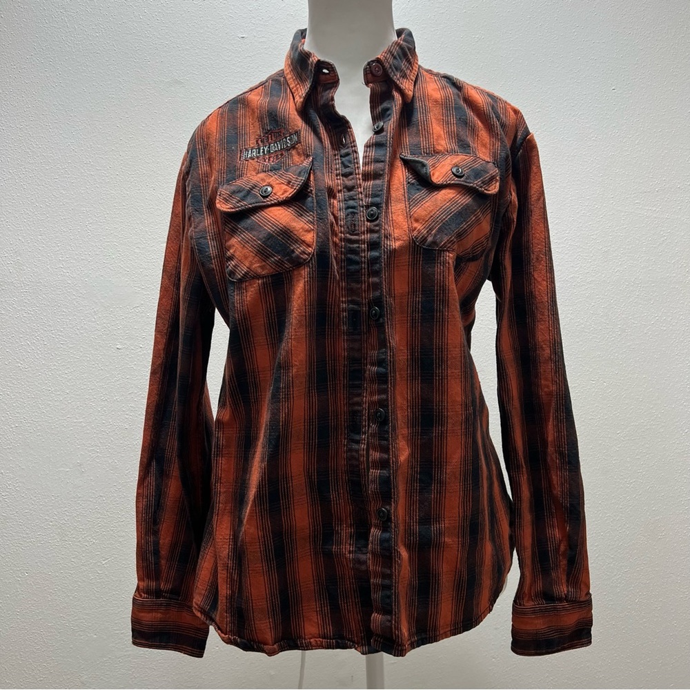 Women's Harley Davidson Embroidered Flannel Button Up Long Sleeve Orange/Black M